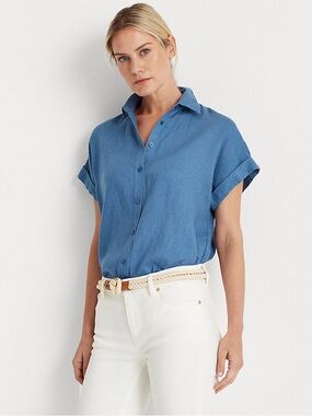 LAUREN Ralph Lauren Black Label Linen Short Sleeve Shirt Classic Indigo Multi 3X